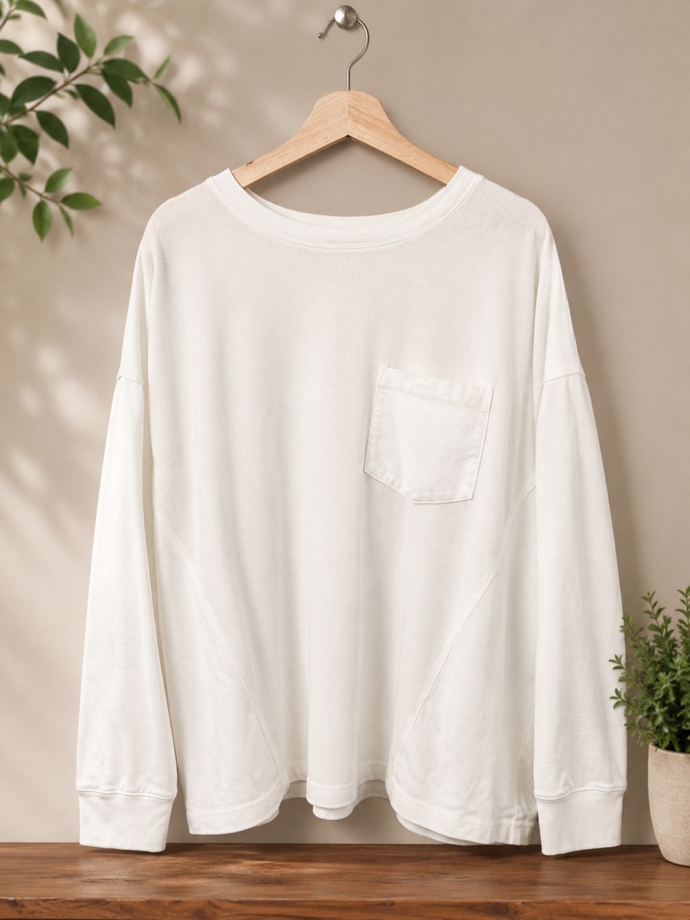 Wild Fable XXL White Mixed Media Waffle Knit Long Sleeve Top Oversized Pocket